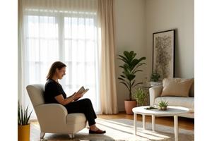 밝고 정돈된 거실에서 여유롭게 독서하는 주부의 모습
